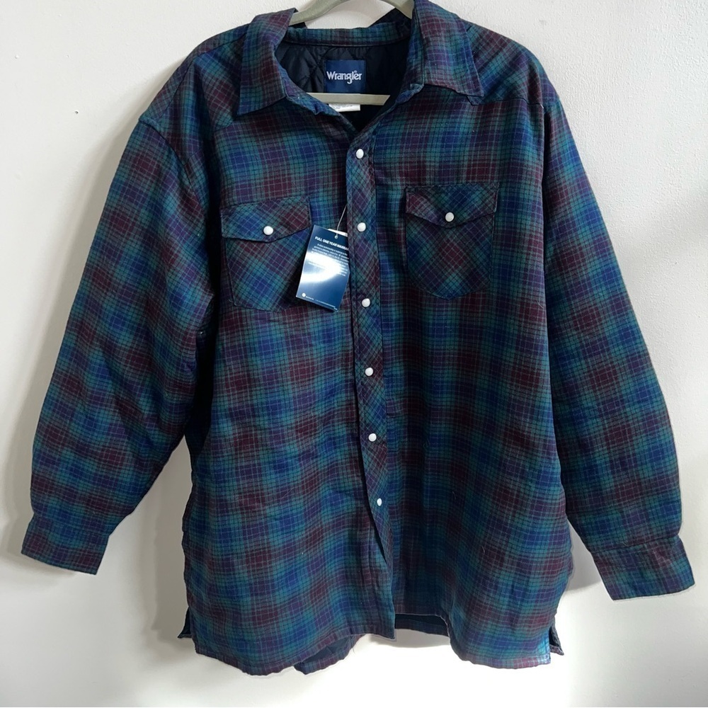 Wrangler Men's Green Blue Red Plaid Checked Quilted Flannel Lined Snap Shirt XXL